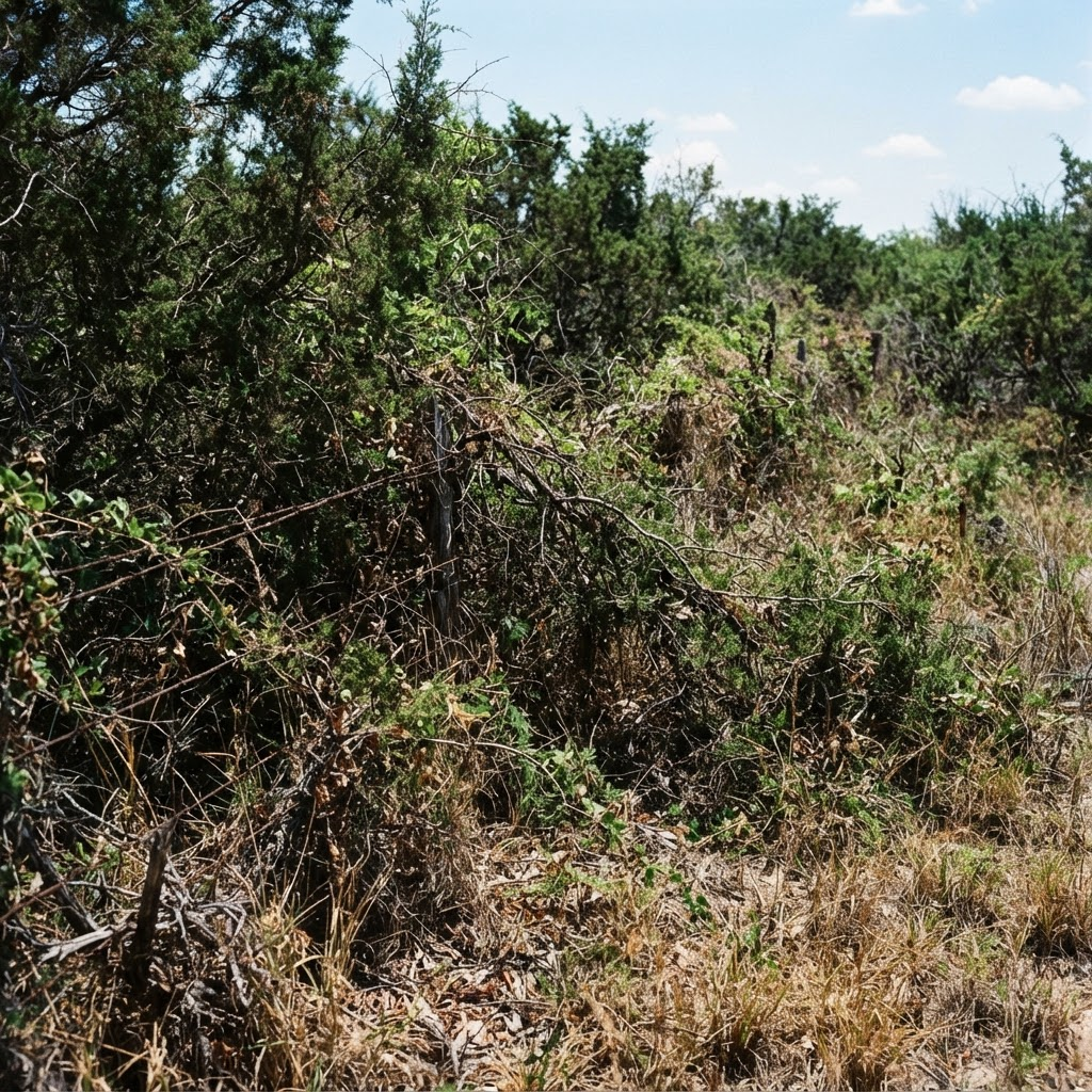 An overgrown Texas fence line choked with cedar, mesquite, and tangled underbrush