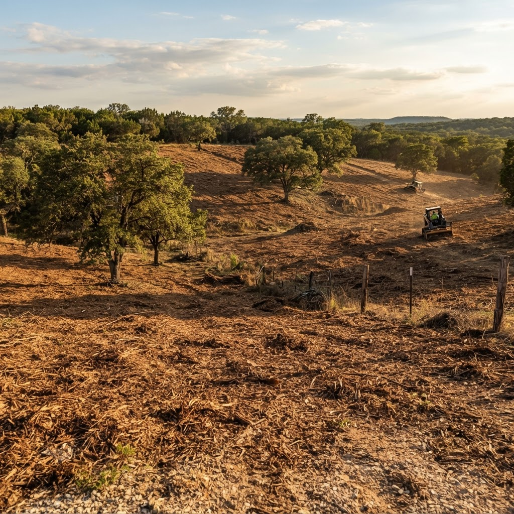 Several acres of Texas cedar cleared by forestry mulching with fresh mulch ground cover and oaks left standing