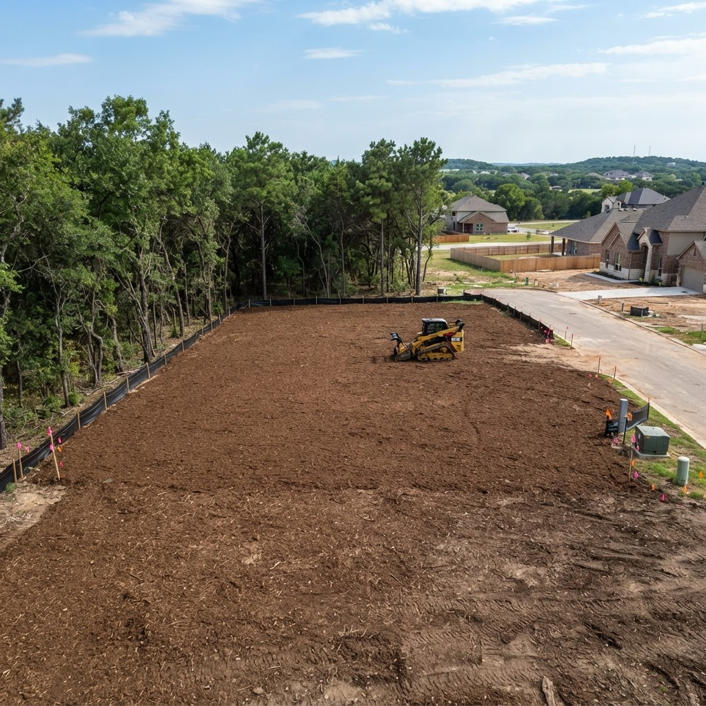 A residential building lot cleared and prepped by forestry mulching with the tree line preserved