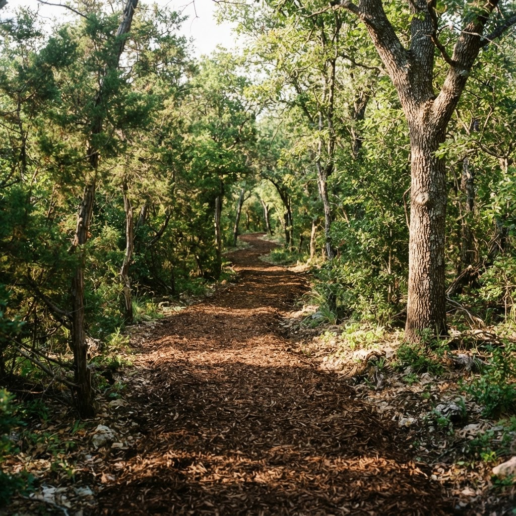 A freshly mulched trail winding through Texas cedar and oak woods