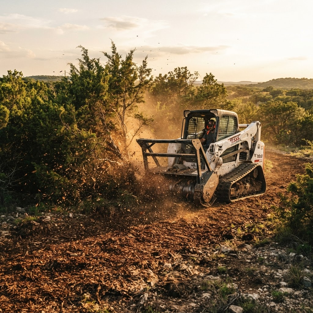 A forestry mulcher grinding thick cedar brush into fresh brown mulch on a Texas property