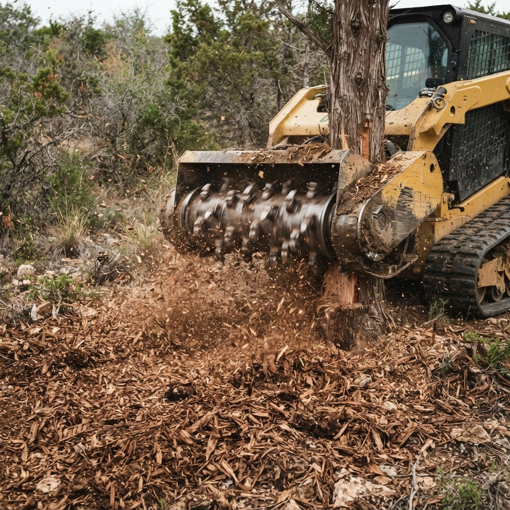Close-up of a forestry mulcher drum head grinding a cedar trunk into fine brown mulch